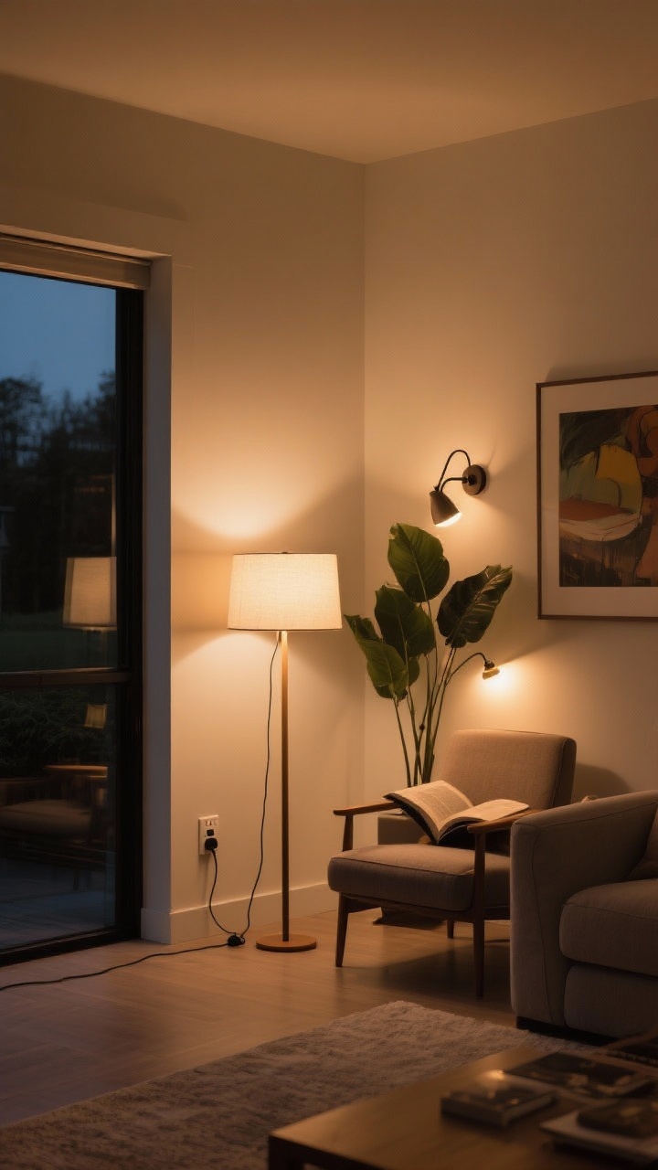 A wide shot of a living room corner demonstrating layered lighting: a dimmable ambient floor lamp with a warm white LED (2700–3000K) softening the space, a plug-in swing-arm sconce over a reading chair for task light, and a small up-light hidden behind a tall plant creating dramatic accent glow on nearby art. Include a visible inline plug-in dimmer on the lamp cord. Warm, cozy evening ambiance with no harsh glare, showing clear distinctions between ambient, task, and accent layers. No people, photorealistic.