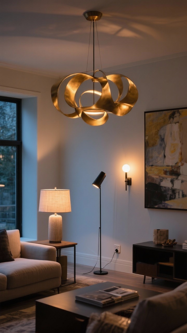 A wide shot of a living room showcasing layered lighting: a sculptural brass statement pendant overhead, a linen-shaded table lamp on a side table, and a slim black floor lamp in the corner; plug-in sconces framing a large art piece above a sofa; warm smart bulbs set to a cozy dim glow, mixing warm and cool tones; photorealistic, evening ambience with balanced highlights and shadows.