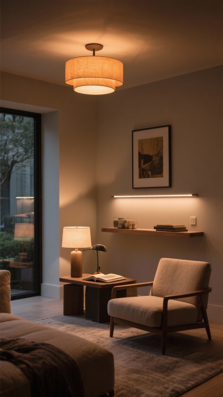 A wide shot of a living room styled with layered lighting: a warm-toned ceiling fixture casting ambient glow, a task light desk lamp on a side table next to a reading chair, and accent lighting via a slim picture light over art plus LED strip under a floating shelf; dim mood with adjustable dimmer, cozy materials and balanced light pools.