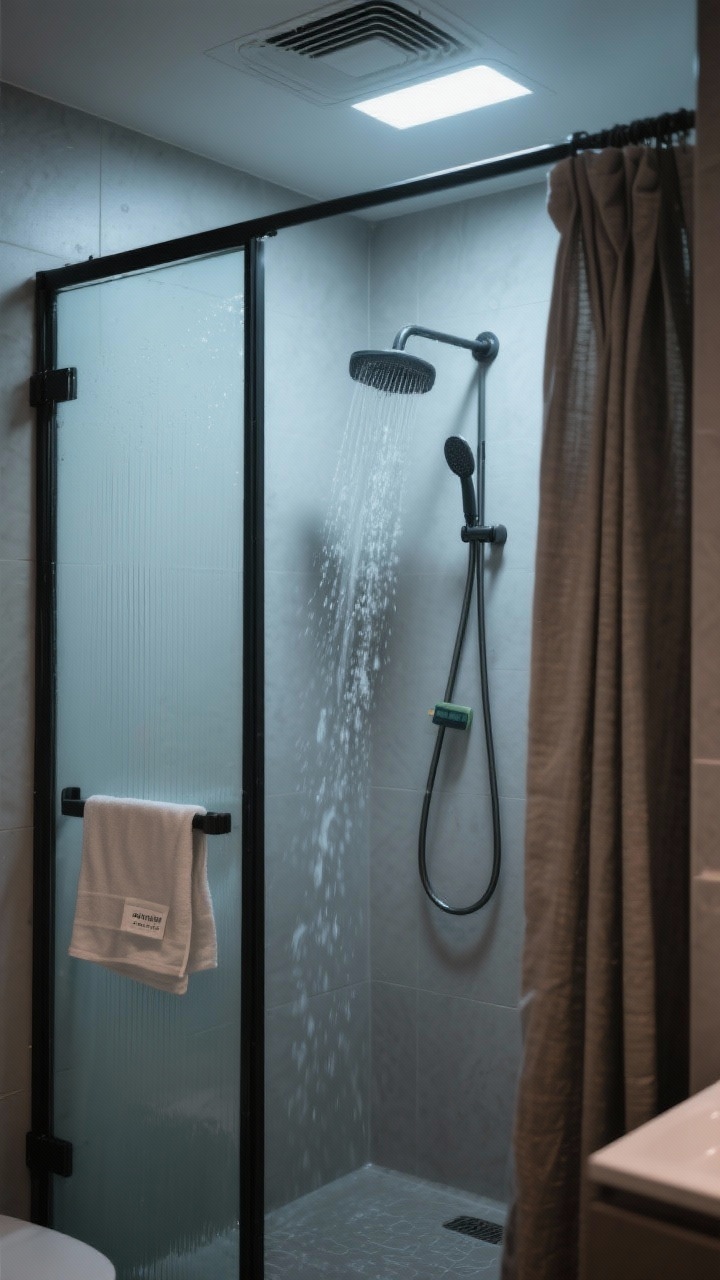 A wide shot of a modern shower immediately after use: squeegee hanging on a hook inside the shower, walls and glass partially cleared in clean vertical passes; shower doors left slightly ajar and fabric curtain pulled open for drying; exhaust fan on the ceiling illuminated to imply it’s running; calm, low-contrast evening bathroom light; a washable liner tag subtly visible, hinting at monthly laundering.