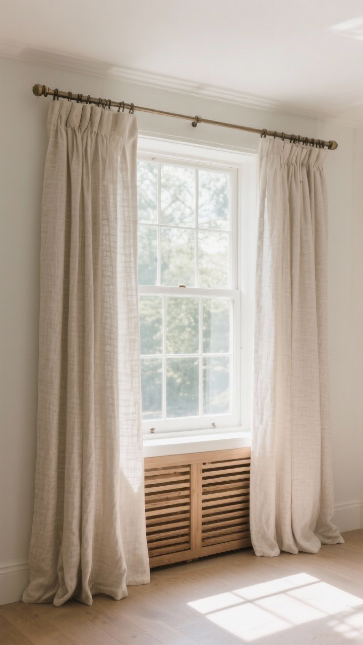 A wide shot of a sunlit window dressed like a stylist: curtain rod mounted 6 inches above the frame and extended 8 inches past each side, textured linen panels in a soft neutral just kissing the floor; layered over simple wooden blinds for added texture, creating the illusion of taller ceilings and a wider window.