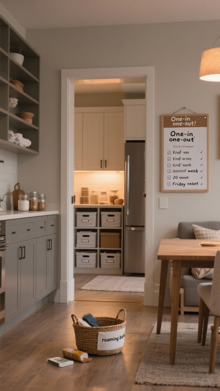 A wide shot of a tidy living-dining area showing maintenance via tiny habits: a small “roaming basket” on the floor with a couple of items to return, surfaces cleared from a quick two-minute reset, a visible note on a board for “One-in, one-out,” and an end-of-week 20-minute Friday reset checklist on the fridge. Closed storage cabinets replace open shelves; matching pantry jars, linen bins, and file boxes in view through a doorway. Warm evening ambient lighting, cohesive muted tones, fewer larger decor pieces for a clean look.