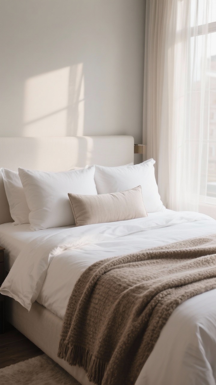 A wide, straight-on bedroom shot focused on boutique-hotel bedding: crisp white percale sheets, a fluffy duvet folded at the foot, a textured taupe throw as topper; two sleeping pillows, two euro shams, and one long lumbar pillow in layered linens; soft morning light through sheer curtains for an airy, luxurious feel; photorealistic.