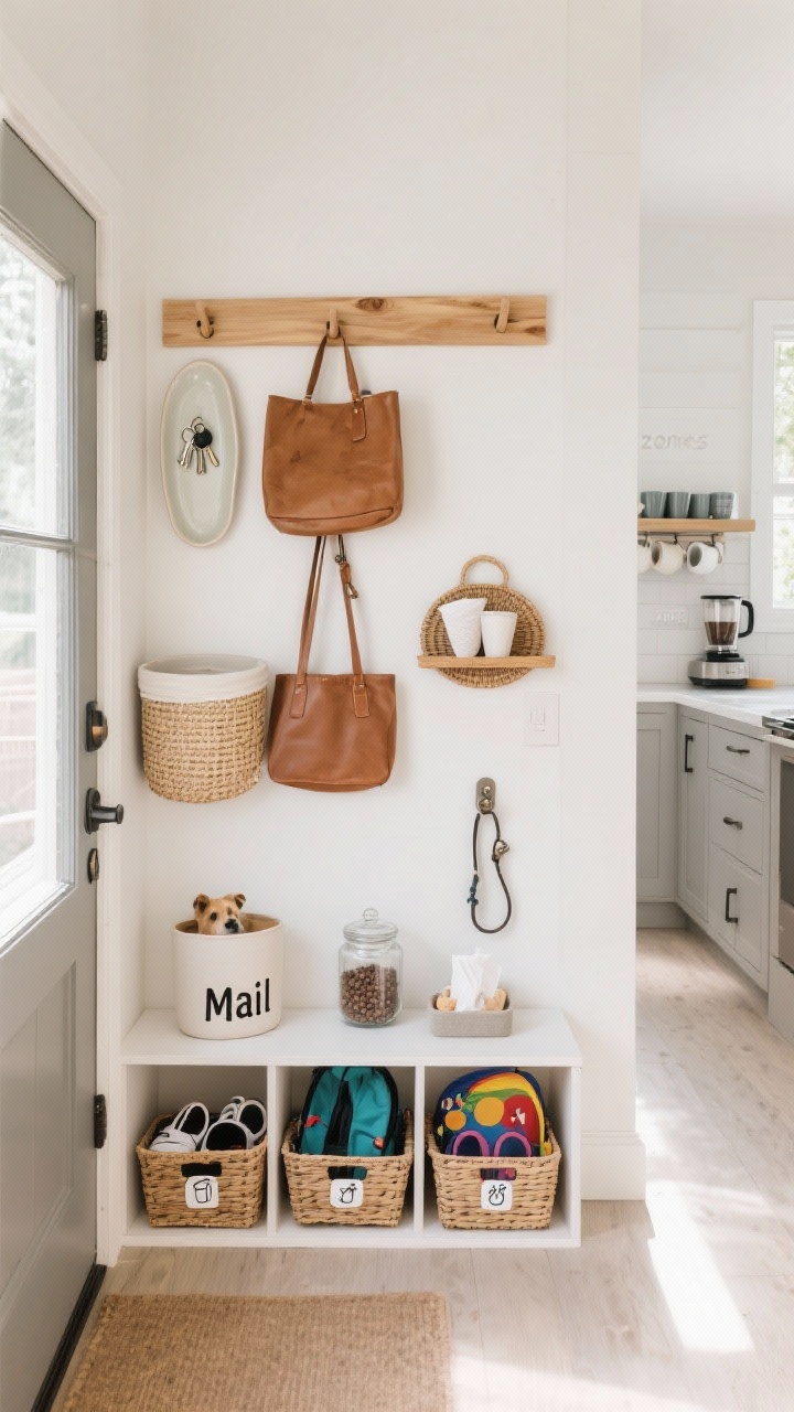A wide, straight-on entry and adjacent kitchen corner highlighting clear “zones”: an entry drop zone with natural wood hooks holding two bags, a shallow ceramic tray with keys, and a woven bin labeled “Mail”; to the side, a compact coffee zone on a credenza—mugs, beans in a glass jar, paper filters corralled on a cute rattan tray; a small pet zone below with a leash hook, glass treat jar, and wipes; farther along, a kid zone with low open baskets for shoes and backpacks, each labeled with simple icon decals; bright, natural daylight, clean lines, open bins visible.