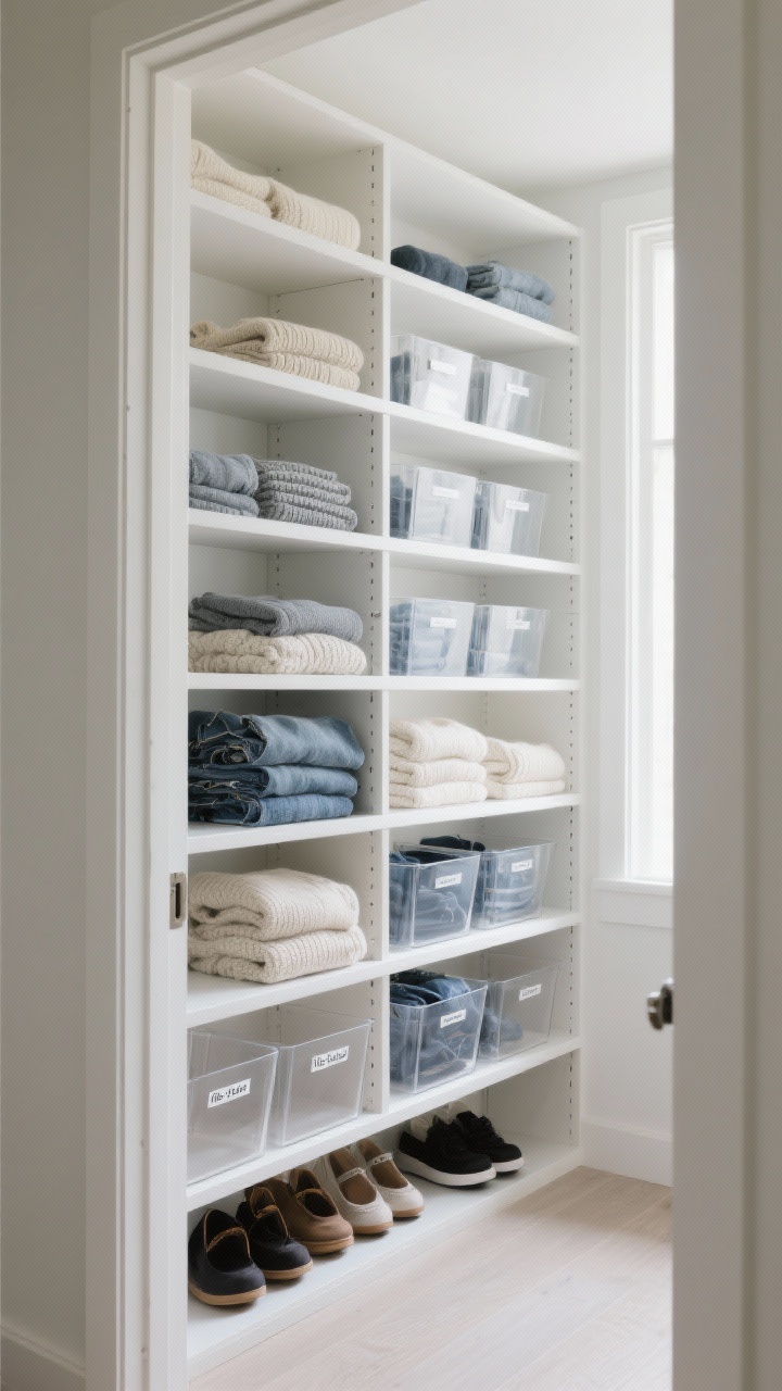 A wide vertical shot from the closet doorway highlighting tall, adjustable white shelves maximizing height: short shelves spaced 8–10 inches apart, with labeled clear-front bins “file-folded” with sweaters and jeans; acrylic shelf dividers neatly corralling sweater stacks to prevent slumping; a narrow shoe rack tucked at the bottom to avoid floor sprawl; clean, airy neutrals with soft grays and creams, subtle knit textures and denim folds visible; soft diffused daylight from the side to emphasize order and visibility.