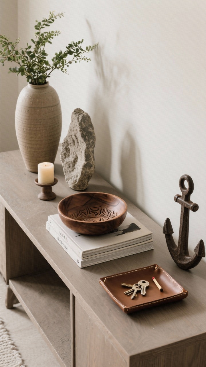 An overhead detail shot of a styled console table using the 3-2-1 rule: a group of three with varied height and texture (a tall ceramic vase with greenery, a sculptural stone object, a small candle), a pair of two with stacked coffee table books topped by a carved wooden bowl, and a single anchor piece—a rectangular leather tray collecting keys and a match striker. Neutral palette with mixed materials and subtle shadows, on a matte wood surface. No people, photorealistic.