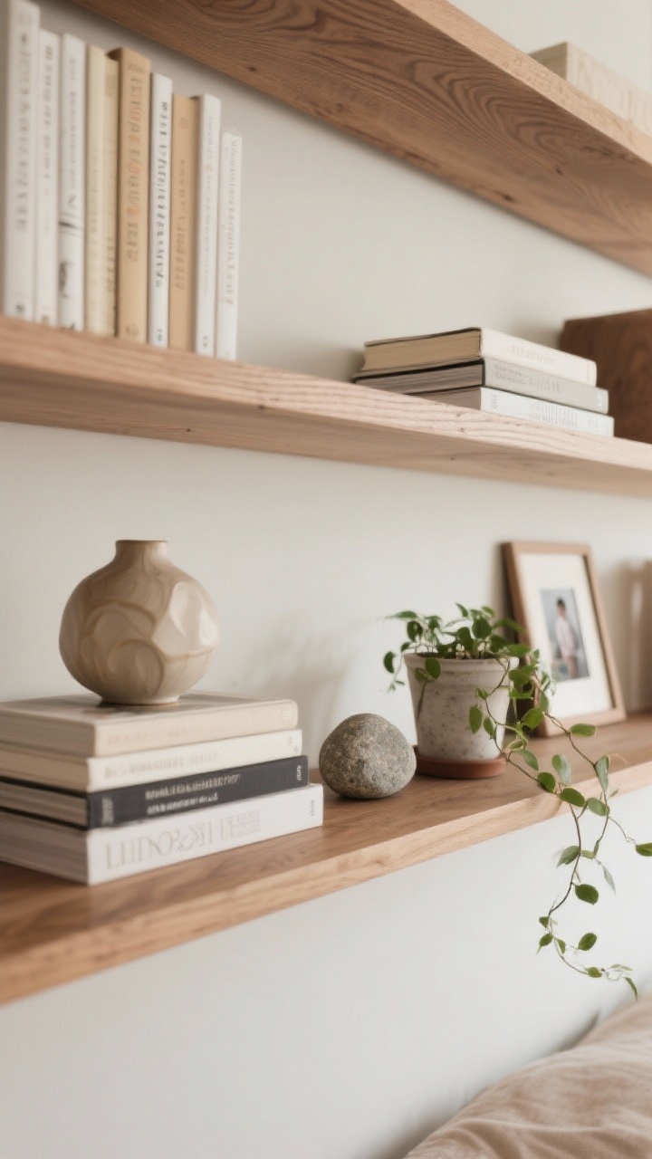An overhead detail shot of a styled shelf: horizontally and vertically stacked books, one sculptural ceramic vase, a small potted plant with trailing leaves, a smooth river stone, and a framed personal photo; arranged in odd-number groupings with intentional negative space; natural light and visible wood shelf grain.