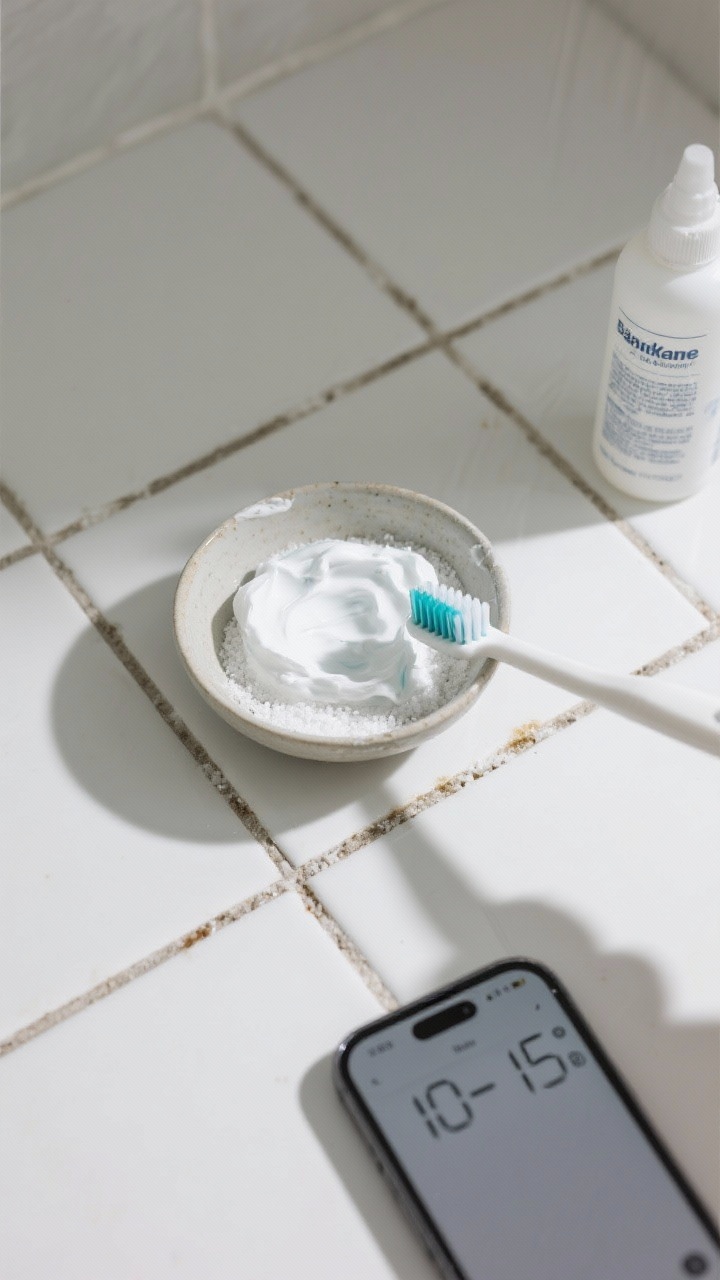 An overhead detail shot of grout cleaning: a small bowl of baking soda and hydrogen peroxide mixed into a toothpaste-like paste, a toothbrush spreading the paste into dingy grout lines between matte white tiles; timer set for 10–15 minutes visible on a phone; texture of baking soda grains evident; cool, even lighting that highlights stain lift; a grout sealer bottle off to the side for a post-clean finish.