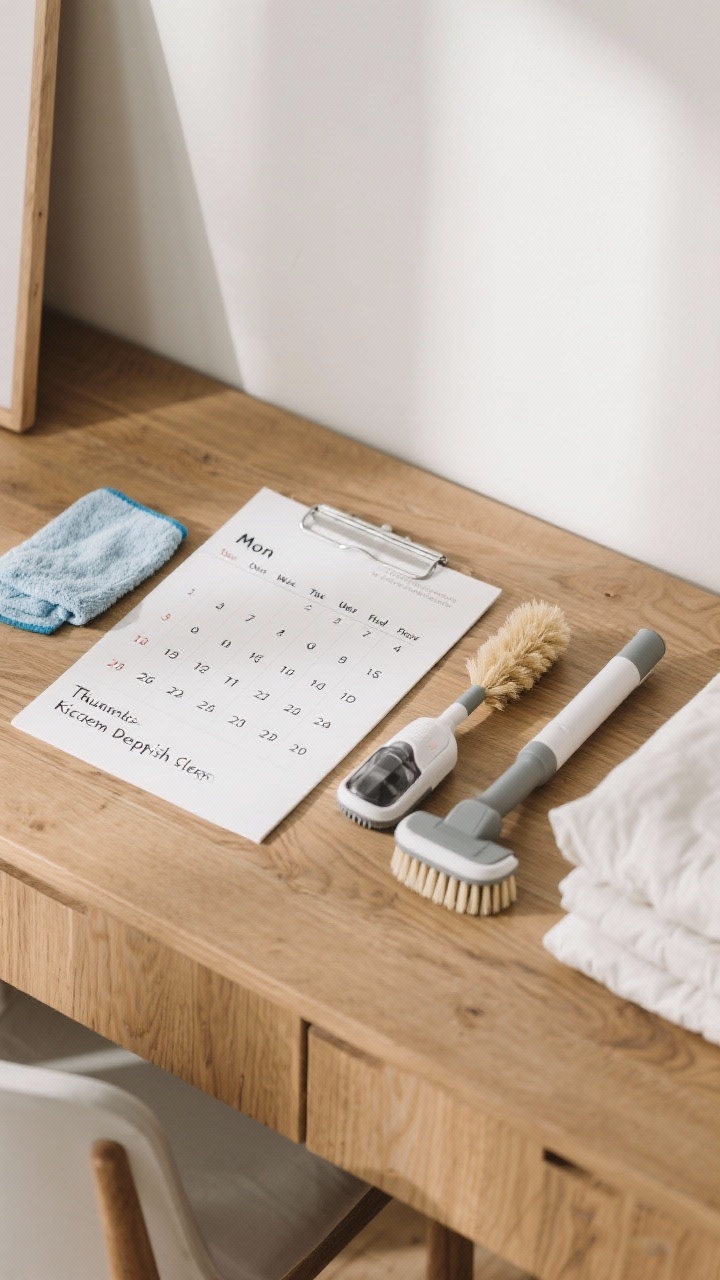 An overhead flat-lay of a weekly cleaning calendar on a wood desk: neatly written assignments for Mon Bathrooms, Tue Dust, Wed Floors, Thu Kitchen deep-ish clean, Fri Bedrooms + sheets. Beside it, small tools representing each zone: a microfiber cloth, duster, compact vacuum head, a scrub brush, a stack of folded pillowcases. Minimalist style, natural daylight, clean lines, photorealistic.