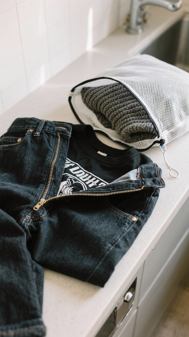 Closeup: A pair of dark denim jeans and a black graphic tee turned inside out on a laundry counter; a mesh bag partially filled with a knit sweater showing fine pilling-resistant texture. Zippers fastened and a small hook-and-eye closure clipped shut. Soft, diffused daylight enhances fabric grain and print protection; overhead perspective focusing on textures, seams, and hardware.