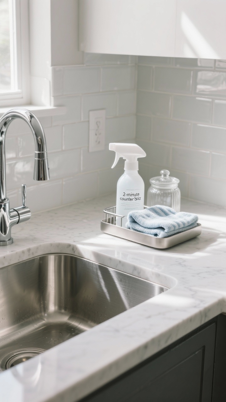 Closeup, corner angle: A pristine kitchen countertop “2-minute counter blitz” scene with a minimalist quartz counter, a small under-sink style caddy set on the counter holding an all-purpose spray bottle and folded microfiber cloths, left-to-right wipe pattern implied by faint moisture trails, a chrome faucet and handles freshly swiped to a near-mirror shine using rubbing alcohol, subtle streak-free reflections on stainless steel and a glass canister, soft natural daylight glinting off the metal, backsplash tiles faintly gleaming, no clutter.