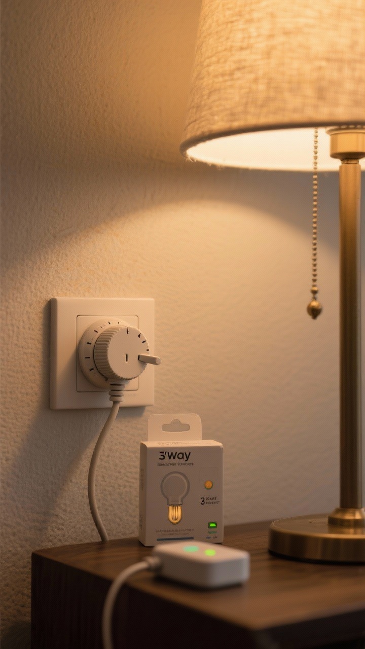Closeup detail: A plug-in cord dimmer attached to a table lamp cord, the dimmer’s dial set low, bulb visibly warm through the shade. Include alternate dimming options nearby: a smart plug in the outlet with a small LED indicator and packaging for a 3-way bulb on a side table. The scene glows with soft, low brightness to emphasize instant coziness and eye comfort.