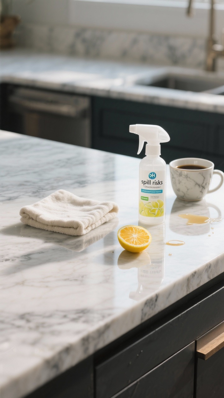 Closeup detail: marble and granite countertop edge with a spritzed pH-neutral stone-safe cleaner and a soft cloth; reflections remain glossy, no cloudiness; a citrus wedge and coffee cup nearby as “spill risks,” with a sealed-stone sheen; cool, diffused morning light; no acidic cleaners or vinegar present, emphasis on protecting investment surfaces.