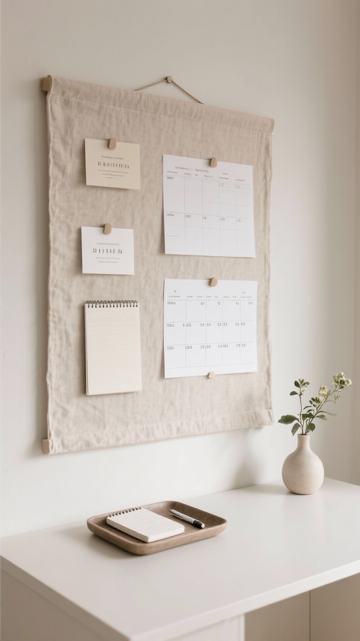 Closeup detail of a calm home command center: a linen-covered pinboard with neatly pinned weekly plans and a couple of invites, a minimal notepad and pen placed on a small tray below, and a small plant or bud vase softening the scene; neutral tones, clean lines, gentle daylight; shot straight-on to the board to emphasize clarity and focus, photorealistic.