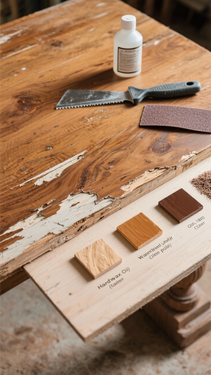 Closeup detail of a real-wood tabletop mid-refinish: half stripped to reveal rich grain, half with old finish; tools include a chemical stripper, plastic scraper, and sanding grits labeled 120, 180, 220; test swatches of light oak, walnut, and natural oil stain on the underside; small sample boards labeled water-based poly (clear), oil-based poly (warm), and hardwax oil (matte); natural side lighting highlighting the buttery-smooth surface and preserved tiny patina marks.