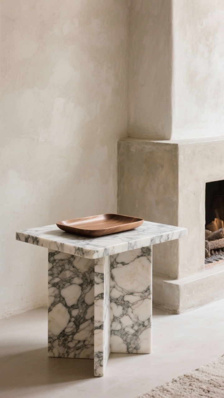 Closeup detail of a small side table transformed with stone-effect contact paper, showing convincing marble-like texture wrapping edges cleanly; background wall finished in a soft, cloudy limewash/mineral paint for a plaster look; a hand-painted marbleized wooden tray on the table, sealed to a gentle satin sheen; nearby fireplace edge hinting at a smooth microcement finish; warm, diffused daylight emphasizing depth and artisan finishes, no people.