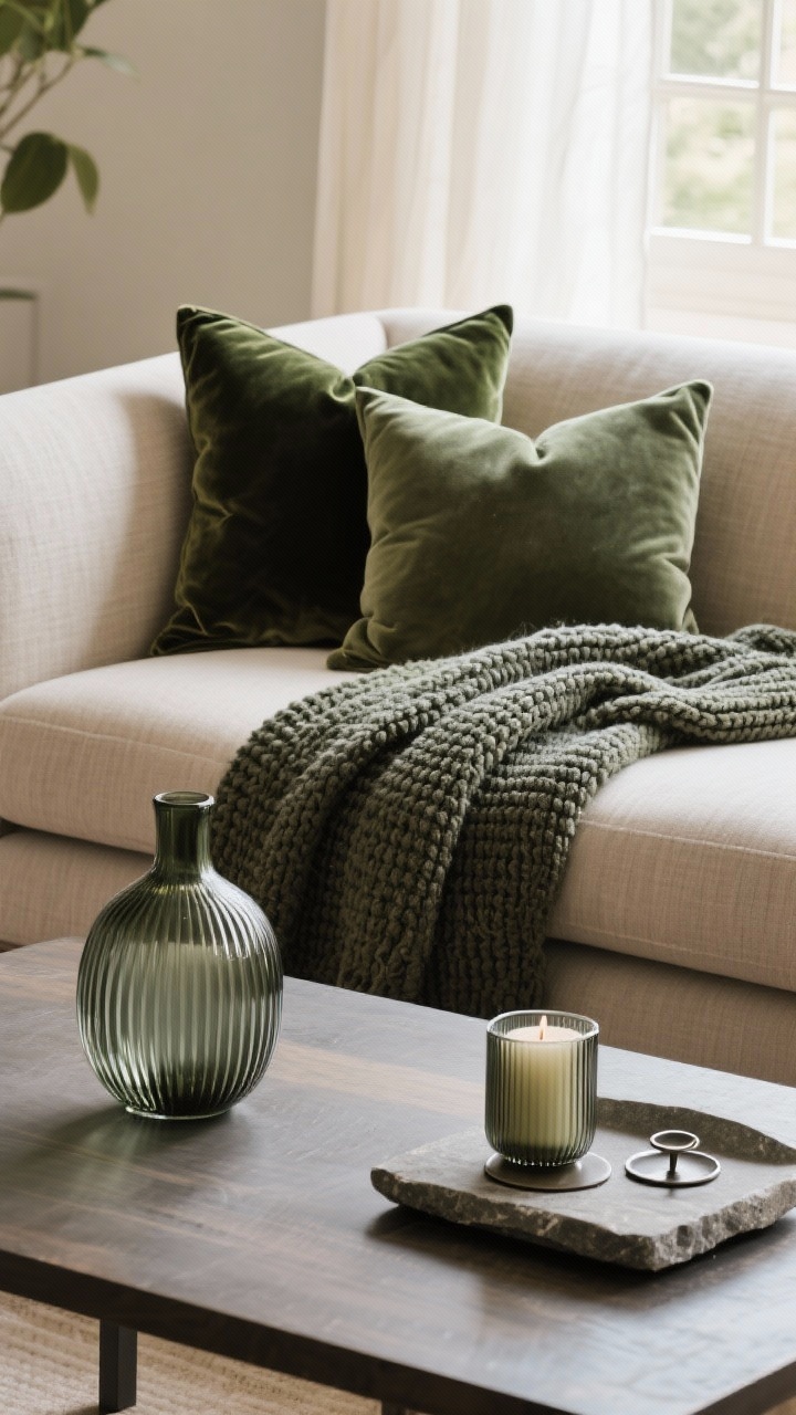 Closeup detail of layered textures on a sofa and coffee table: linen sofa with a velvet lumbar pillow, chunky knit throw, a ribbed glass vase on a matte wood coffee table, a small stone tray with metal coasters. Repeat textures twice in the frame—another velvet pillow, a second ribbed glass candle holder—to show cohesion. Soft window light grazing surfaces to highlight weave, nap, and grain. Colors: warm neutrals with hints of moss green and charcoal.