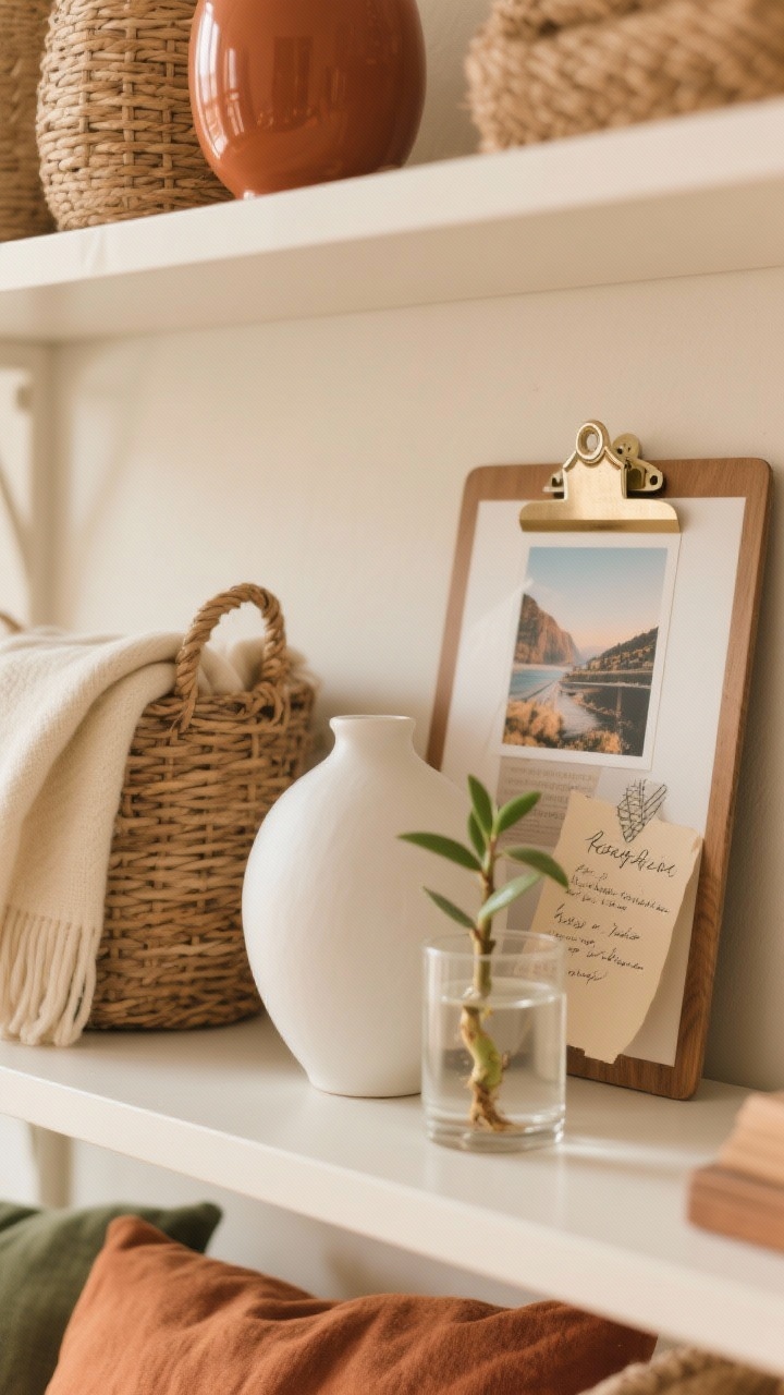 Closeup detail of mixed textures, warm colors, and personal story elements on a shelf: smooth white ceramic vase, rough woven basket, soft folded throw in cream, natural wood picture frame; warm hues—camel, terracotta, olive—pulled forward; cooler shiny items removed from view; a travel photo clipped to a small clipboard and a handwritten recipe card taped with washi; a propagated plant cutting in a glass of water; gentle warm lighting, shallow depth of field; angle: straight-on close crop emphasizing texture variety and personal touches.