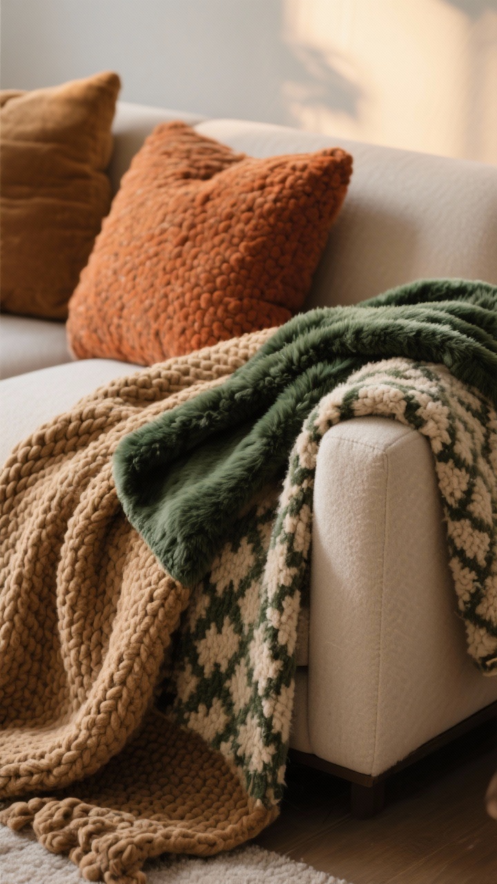 Closeup detail shot: a chunky knit throw blanket in camel layered with a patterned faux-fur throw in deep green and oatmeal draped casually over a neutral sofa arm; focus on rich textures (chunky knit, sherpa/bouclé, waffle weave hints), generous blanket size spilling over the seat; warm ambient lighting, soft shadows; color palette: camel, rust accents, deep green, oatmeal; photorealistic, no people.