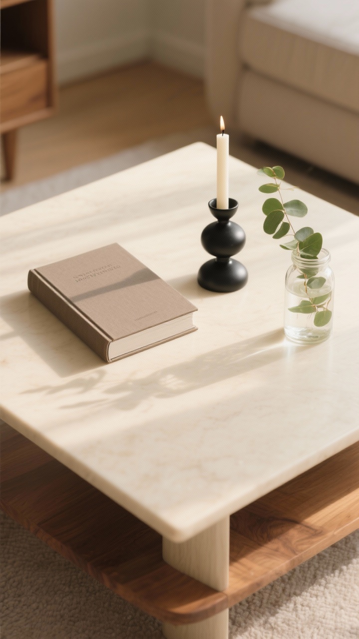 Closeup detail shot: a freshly edited coffee table surface with only three curated items arranged in a triangle—one hardcover book, an unlit matte black candle holder, and a small plant clipping in a clear jar; styled in odd numbers (3) with mixed heights and textures; warm neutral palette of cream, wood, and leafy green; soft, diffused afternoon light; shallow depth of field to emphasize intentional minimalism and reduced visual clutter; angle: slightly overhead at 45 degrees.