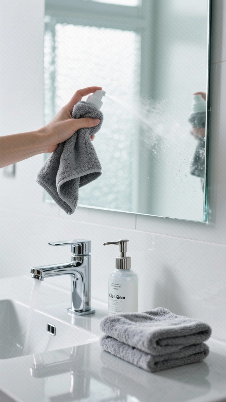 Closeup detail shot: A handless scene of a lightly misted gray microfiber cloth held above a frameless bathroom mirror, with a fine spray already on the cloth rather than the glass; second dry microfiber cloth folded nearby on a sleek chrome sink ledge. Soft daylight from a frosted window creates subtle highlights on chrome faucet and mirror edge, no streaks visible. Include a small bottle labeled glass cleaner, stainless-steel soap pump, and clean, grippy microfiber texture; emphasize streak-free reflection and polished chrome sparkle.