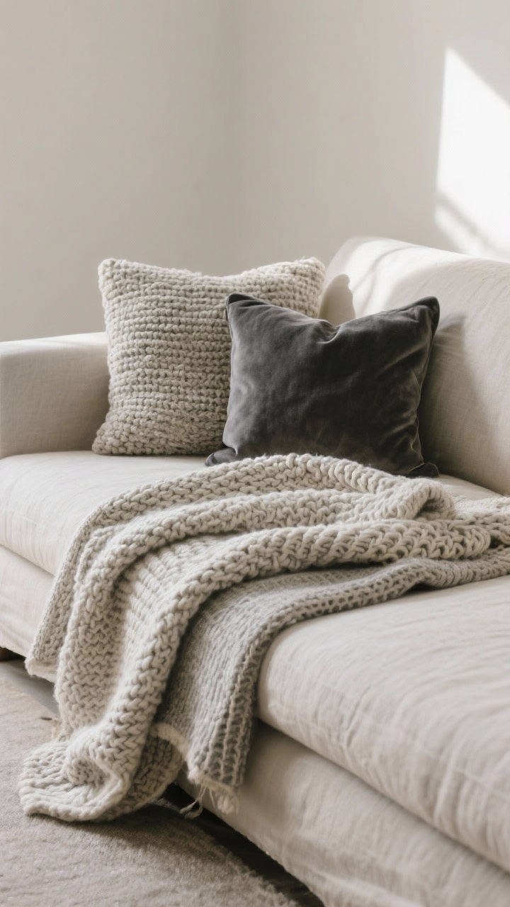Closeup detail shot: a linen sofa corner layered with textiles—one chunky knit blanket draped casually, a smooth linen throw folded beneath, and a small nubby lumbar pillow in view; palette limited to greys and creams with a soft velvet pillow in muted charcoal completing a trio; natural afternoon light rakes across the varied weaves to emphasize texture, shallow depth of field, no people.