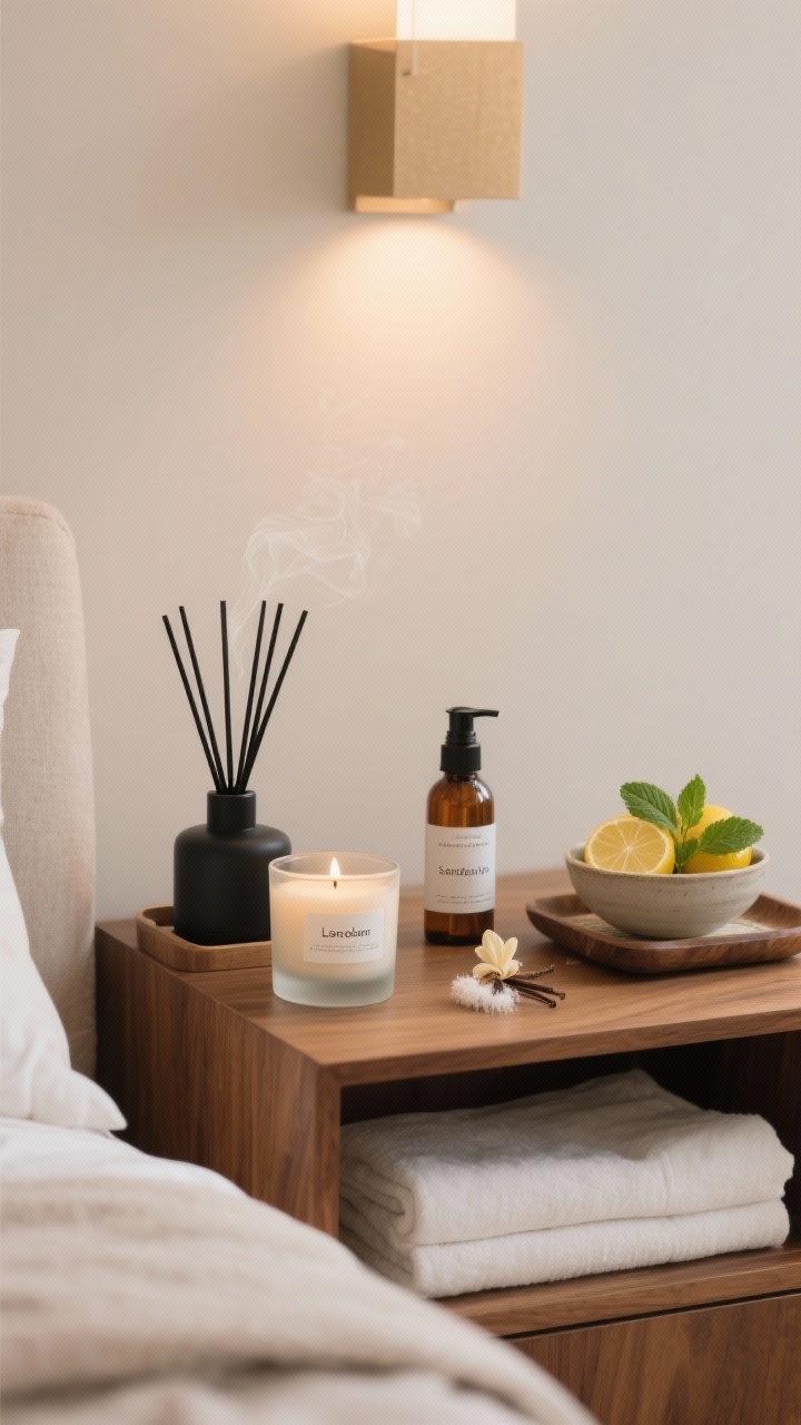 Closeup detail shot: a minimalist living room vignette featuring a matte black reed diffuser emitting gentle vapor on a walnut console, a soy candle in a frosted glass jar with a cotton wick near a bath caddy, and a linen spray bottle on neatly folded sheets; scents suggested by labels reading lavender, sandalwood, and cedar; soft warm ambient lighting (2700K) with spa-like calm; seasonal touches shown as a small bowl with lemons and mint sprigs on a summer tray, and a second scene element with a small amber-vanilla candle for winter; photorealistic, no people.