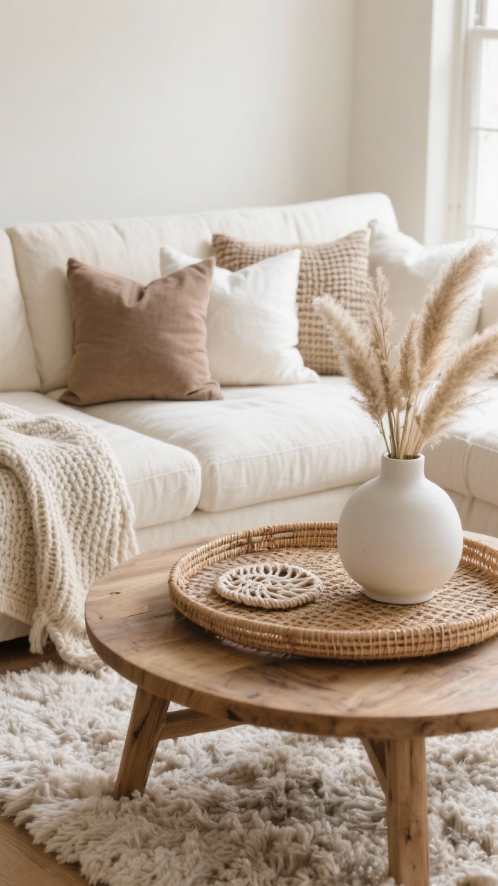 Closeup detail shot: a neutral-toned living room vignette showcasing layered textures—cream linen sofa with a chunky knit throw, taupe and warm white pillows in varied weaves, a shag rug beneath a natural wood coffee table, a round rattan tray on top holding a matte white ceramic vase with pampas grass; mix of scales including a small macramé coaster; soft natural daylight from the side emphasizing tactile surfaces; color palette of creams, taupes, warm whites; photorealistic, shallow depth of field.