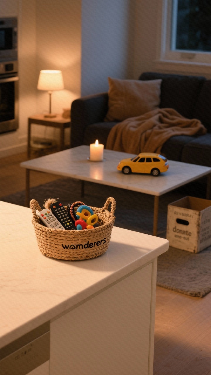 Closeup detail shot: a small woven micro-basket on a warm white kitchen counter at night, holding “wanderers” like a rogue hair tie, remote, and kid’s toy car; beside it, a cleared, minimalist coffee table surface with a single unscented candle and a folded throw in camel on a charcoal sofa in the background; soft warm 2700K lamp light, straight-on angle, crisp photorealistic textures emphasizing daily edit minimal clutter, “one-in, one-out” implied with an old candle in a donate box off to the side.