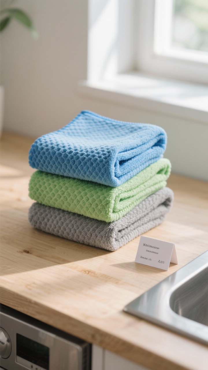 Closeup detail shot: a stack of neatly color-coded microfiber cloths (blue for glass, green for kitchen, gray for bathroom) folded on a light wood counter beside a small label card; textures of waffle-weave and plush microfiber visible, no paper towels in sight; soft natural window light creating subtle highlights, showing lint-free, streak-free sheen on a nearby stainless steel appliance edge.