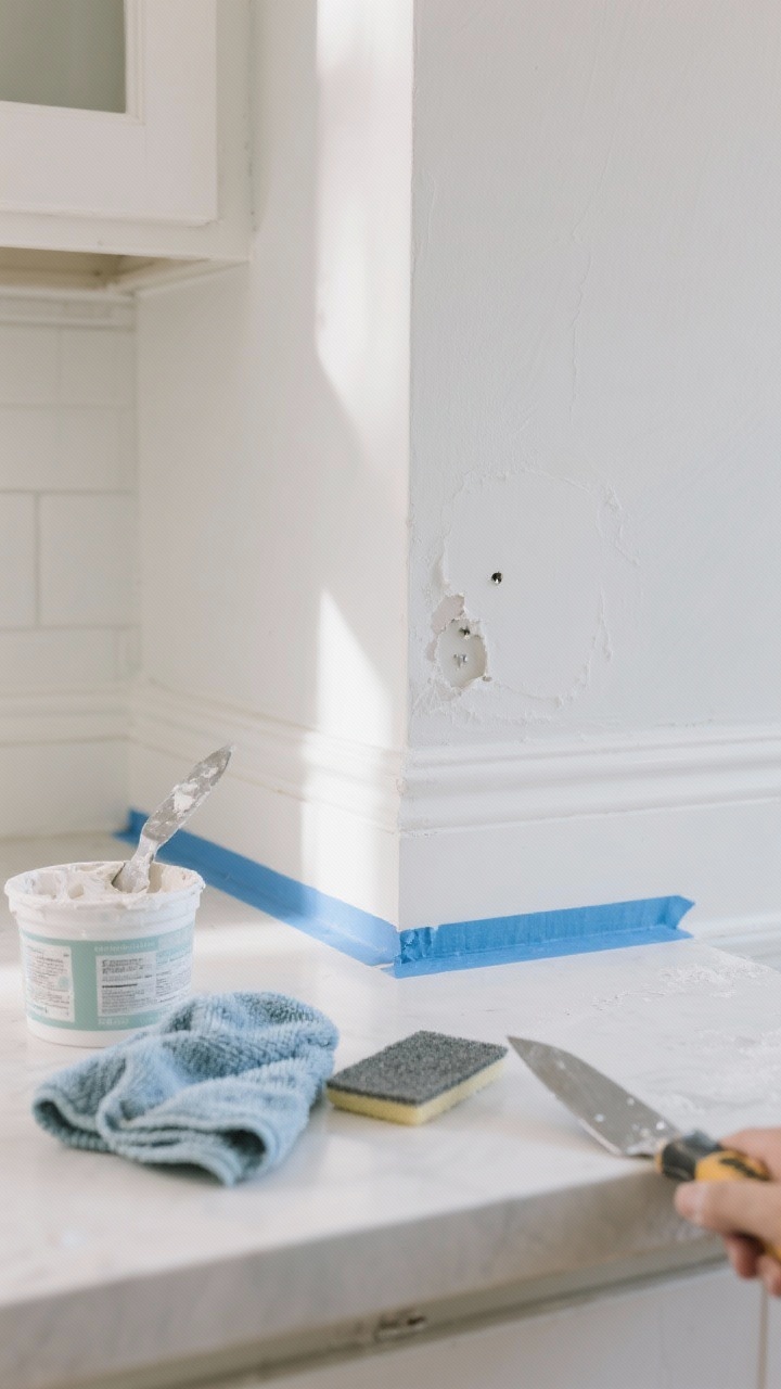 Closeup detail shot: a white interior wall in a kitchen being prepped before painting, with visible dust wiped from baseboards and corners; a damp microfiber cloth in frame, a small tub of lightweight spackle with putty knife filling nail holes, a fine-grit sanding sponge smoothing a patched spot, and high-quality blue painter’s tape applied along trim with its edge pressed firm using a metal putty knife for crisp lines. Soft natural morning light, neutral color palette, clean textures of drywall, trim, and tape; no paint applied yet, focus on the smooth, clean base.