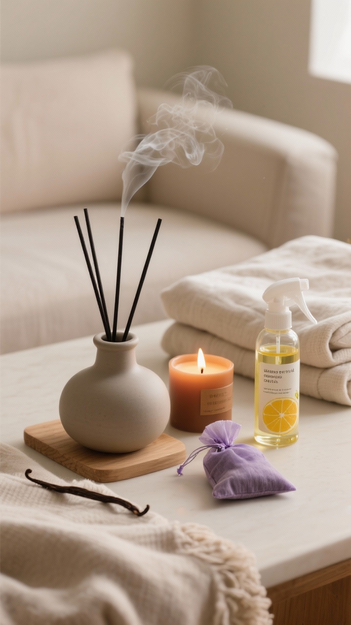 Closeup detail shot of a scentscape arrangement: a matte ceramic diffuser emitting a gentle plume, a lit vanilla/amber candle beside it, and a linen spray bottle on folded throws; zone cues included—citrus oil bottle labeled for kitchen use, lavender sachet for bedroom; soft, warm lighting, clean surfaces; subtle textures in linen and wood; no people.