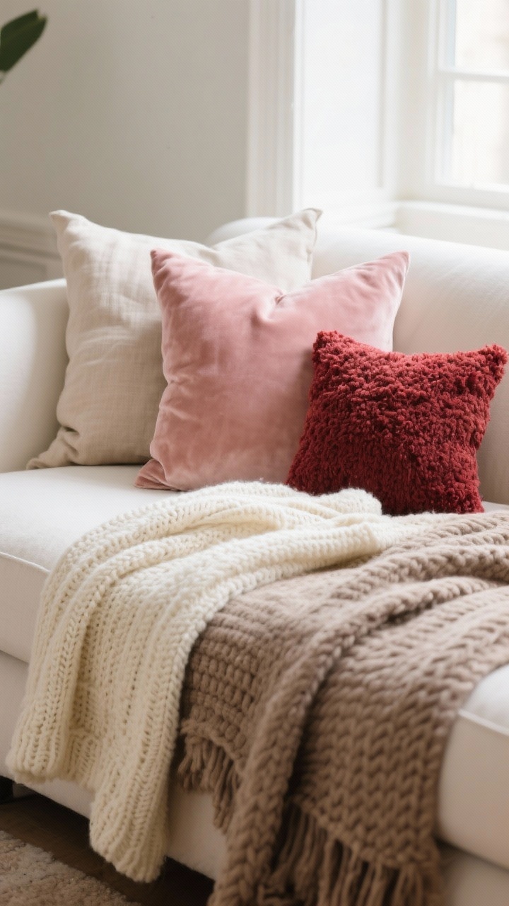 Closeup detail shot of layered cozy textiles on a sofa: blush velvet cushion against natural linen pillow, chunky cream knit throw draped over the arm, folded woven taupe blanket, and a small cranberry-accent bouclé pillow; soft natural window light grazing the fabrics to highlight texture; neutral palette of blush, creamy whites, warm taupes with a subtle cranberry accent; no people, photorealistic.