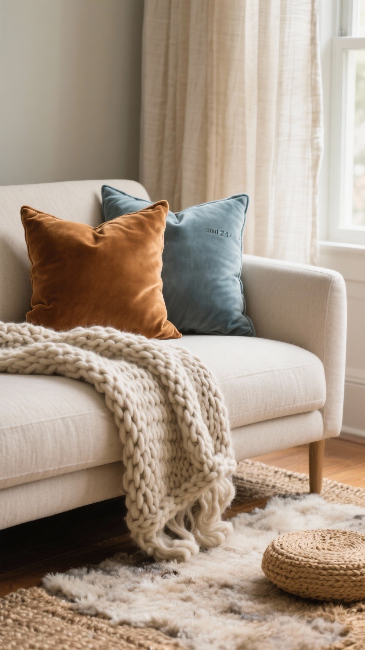 Closeup detail shot of layered textures on a neutral-toned sofa: chunky knit throw draped over the arm, two velvet cushions (20" and 24") in caramel and dusty blue, with light linen curtains in the background; a tactile high-pile wool rug and a small jute accent rug underfoot; warm natural daylight from a side window highlighting the matte/shiny contrast and woven fibers; curated to 3–4 textures for a calm, cozy feel.