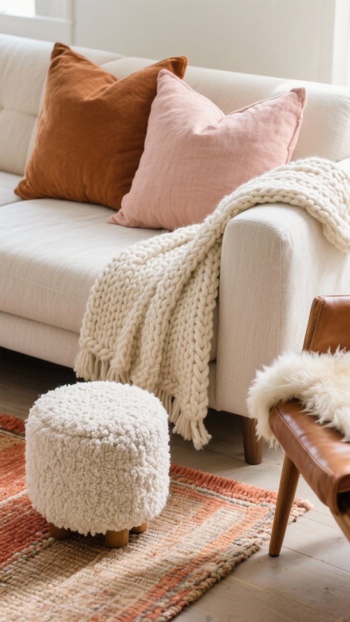 Closeup detail shot of layered textures on a neutral-toned sofa: a chunky knit throw in cream draped over the arm, linen pillows in camel and soft blush, a boucle ottoman nearby, a sheepskin casually laid over a leather chair; on the floor, a flatweave rug layered under a small plush accent rug in ivory; tight, cohesive color palette of rust, camel, terracotta, blush, ivory; soft afternoon natural light emphasizing fabric weaves and tactile depth; no people.