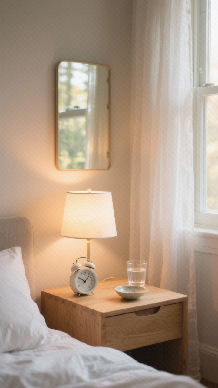 Closeup, early-morning bedroom scene: a soft bedside lamp with a warm white 2700–3000K glow and a sunrise alarm clock gently brightening beside it; sheer curtains filtering natural light with a mirror placed directly opposite a window to bounce sunlight around the room; a clear, uncluttered wood nightstand holding only the lamp, a glass of water, and one pretty object (a small ceramic dish); calm, cozy mood, photorealistic, straight-on angle emphasizing warm, non-clinical lighting and subtle reflections.