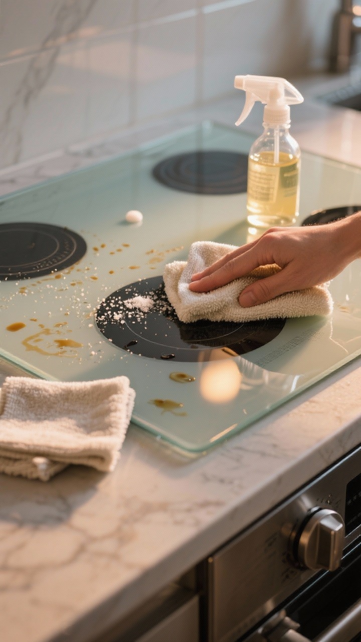 Closeup, low angle: A stove surface mid-reset—glass cooktop slightly warm, being wiped with a damp microfiber cloth; small sprinkle of baking soda visible loosening residue; a separate spray bottle mixed with vinegar and a dot of dish soap nearby; final polish cloth folded for a sleek, showroom finish; gentle evening light reflecting off the glossy surface, faint grease splatter pattern subdued.