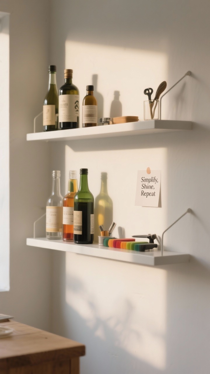 Closeup mood shot: a neatly organized shelf with the streamlined lineup—few high-quality bottles and tools—set against a clean white wall; soft, warm weekend morning light casting gentle shadows; a small note card reading “Simplify, Shine, Repeat”; air feels clear and calm, no rainbow of bottles, just a tight, thoughtful selection.