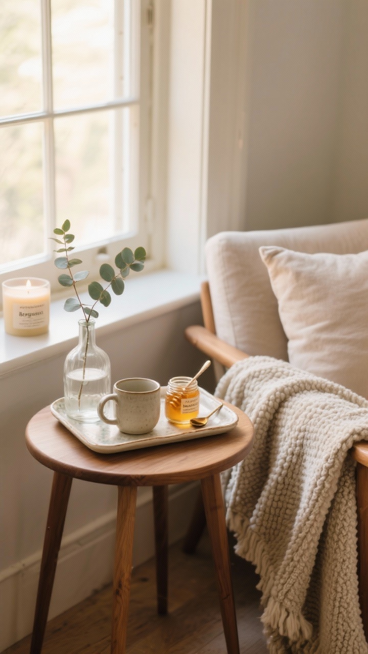 Closeup, morning ritual corner: a small wooden side table by a window with soft early sunlight; a pretty tray holding a ceramic mug, a small jar of honey, and a tiny spoon; a clear bud vase with a single eucalyptus sprig; a boucle throw draped over a cushioned chair in soft neutral linen; subtle candle with citrus/bergamot label unlit nearby; warm, gentle tones, no people, photorealistic, shallow depth of field emphasizing textures of linen, velvet cushion, and honey jar details.