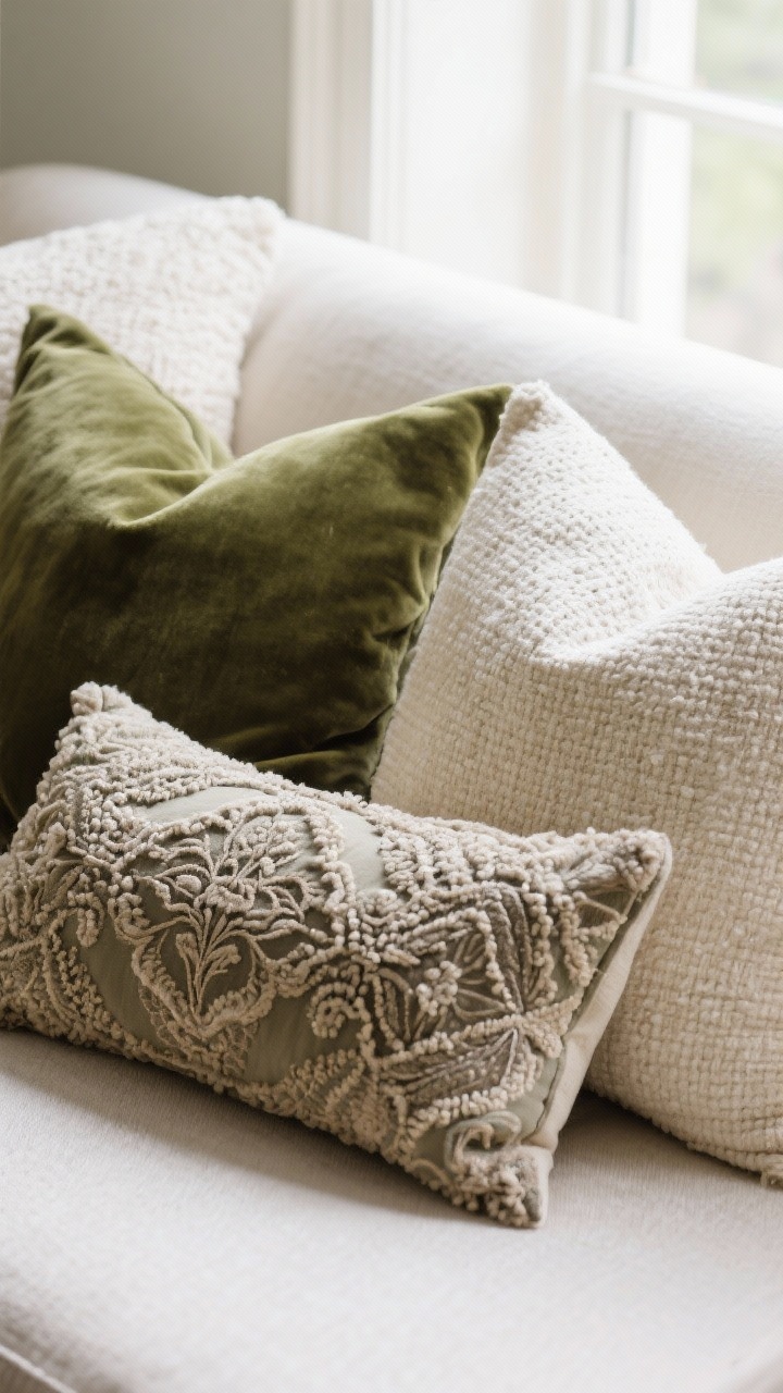 Closeup of a curated pillow mix on a sofa: two large base pillows in subtle-texture linen or tweed, one plush velvet pillow and one boucle pillow in the middle layer, and a patterned embroidered lumbar pillow anchoring the set; palette restricted to 2–3 colors (cream, taupe, forest green), soft window light emphasizing pile and weave, tight framing with no clutter.