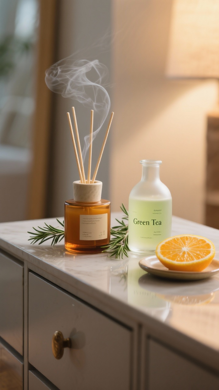Closeup of a scent vignette on a sideboard: ceramic diffuser emitting a faint wisp, an amber candle and a frosted glass bottle labeled “Green Tea” beside sprigs of rosemary; morning version includes citrus slices on a small dish; warm, intimate lighting with soft reflections, photorealistic.