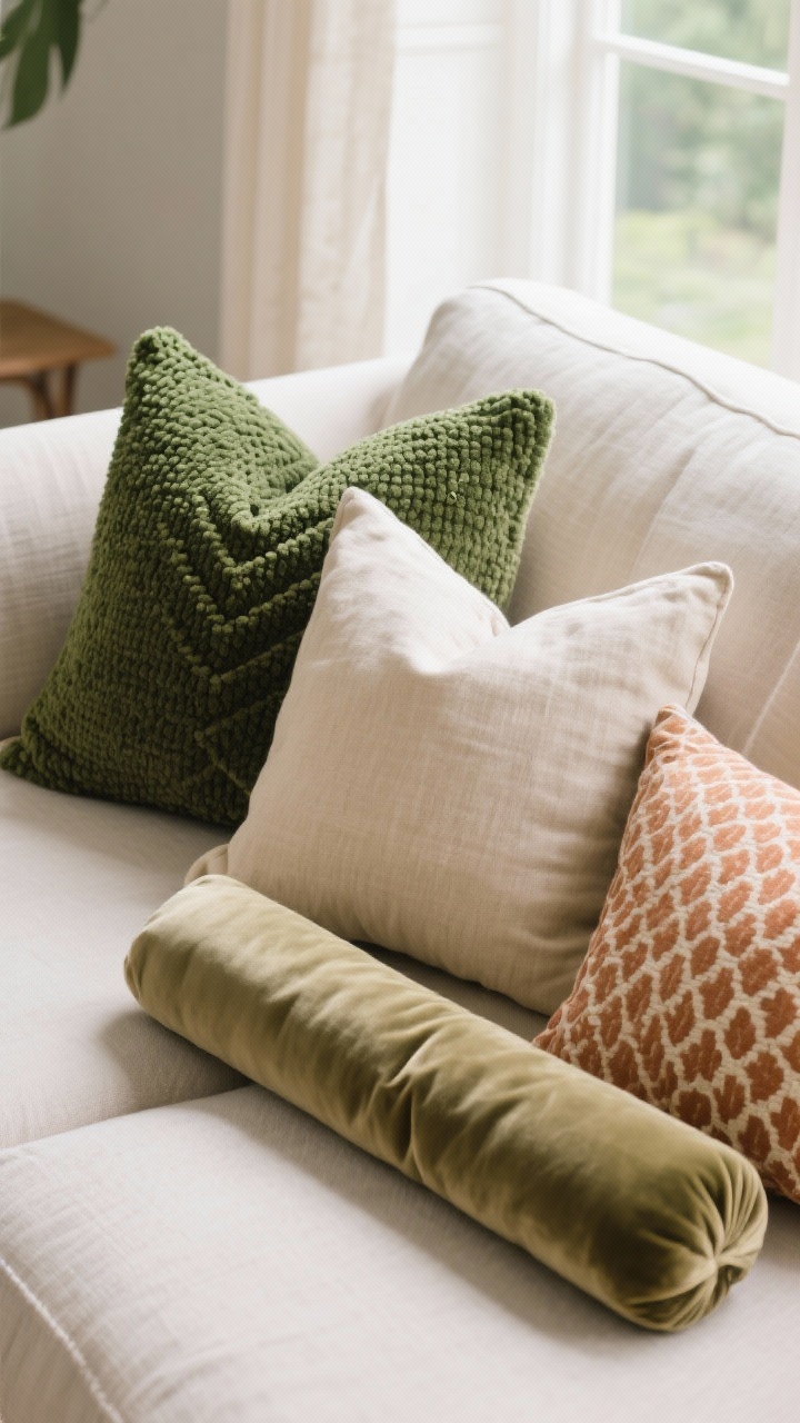 Closeup on sofa pillows: a styled trio—22x22 deep green textured bouclé, 20x20 oatmeal linen solid, and a subtle patterned rust-and-cream pillow—plus a long lumbar in soft velvet; plush down-alternative inserts with crisp “karate chop”; soft natural window light; neutral linen sofa backdrop; summer linen and cooler-month bouclé/velvet mix; photorealistic, no people.