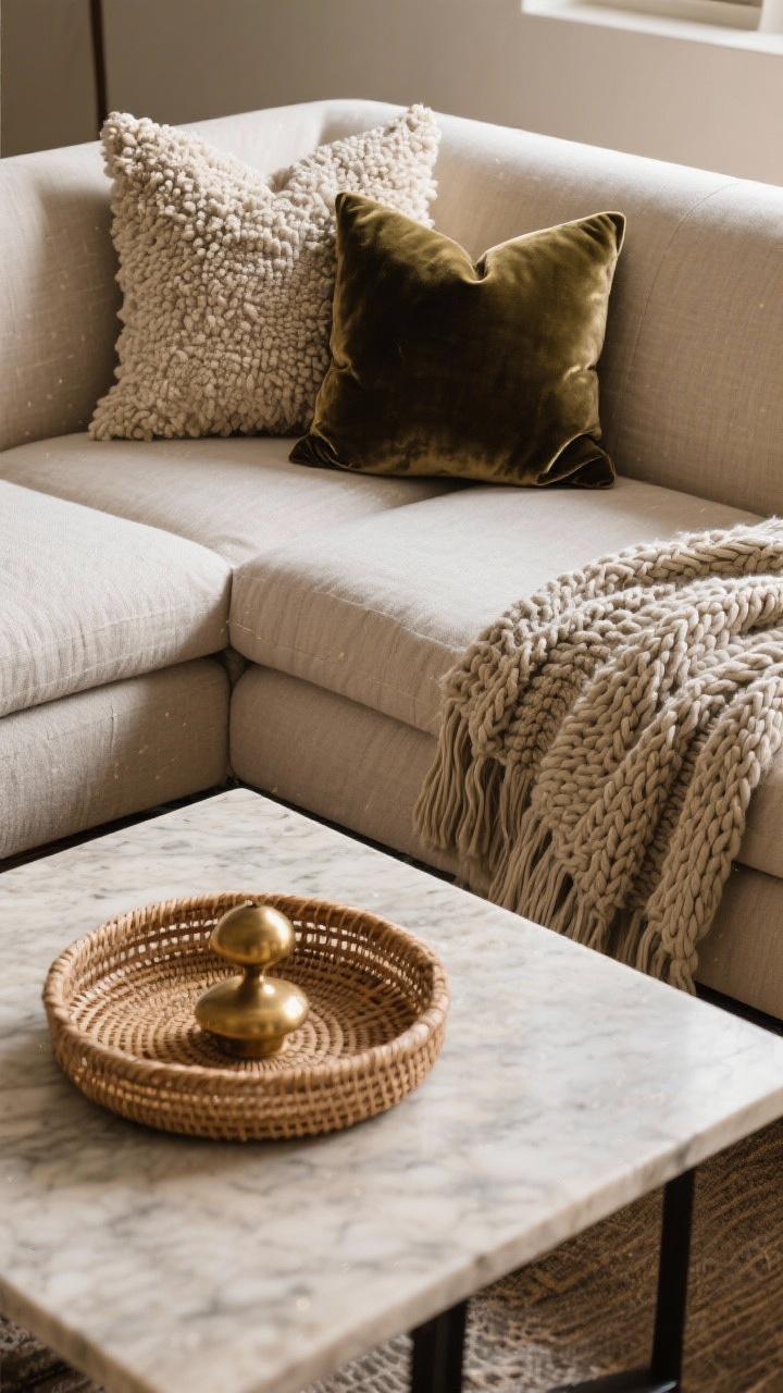 Closeup, overhead detail: A texture-forward composition on a sofa and coffee table—linen cushion, boucle pillow, velvet throw pillow, and a chunky knit throw; nearby materials include a rattan tray on a stone or marble coffee table with a brass object; repeated textures appear twice to feel intentional; warm, diffused lighting emphasizing tactile contrast.
