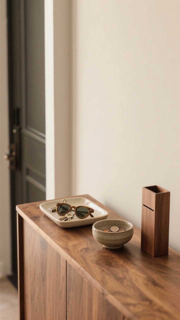 Closeup, straight-on: An entry console surface edited with the one-tray rule—one shallow ceramic tray holding keys and sunglasses, a small bowl for coins, and a slim vertical mail sorter; warm natural wood console against a soft neutral wall, with a 5-minute “surface sweep” minimal vibe; no extra clutter, photorealistic textures of ceramic and wood, soft afternoon light.