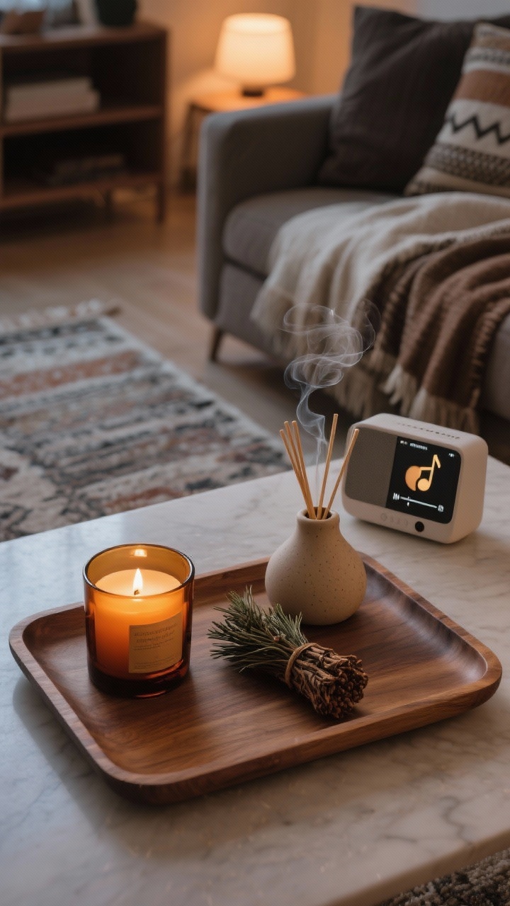 Closeup tabletop mood scene: a wooden tray with an amber-glass candle, ceramic oil diffuser emitting a faint wisp, and a small bundle of cedar; in the background, layered textiles and a rug subtly dampening echo; a wireless speaker displaying a mellow jazz playlist at low volume; warm, cozy evening light, intimate composition, sensory-focused details.