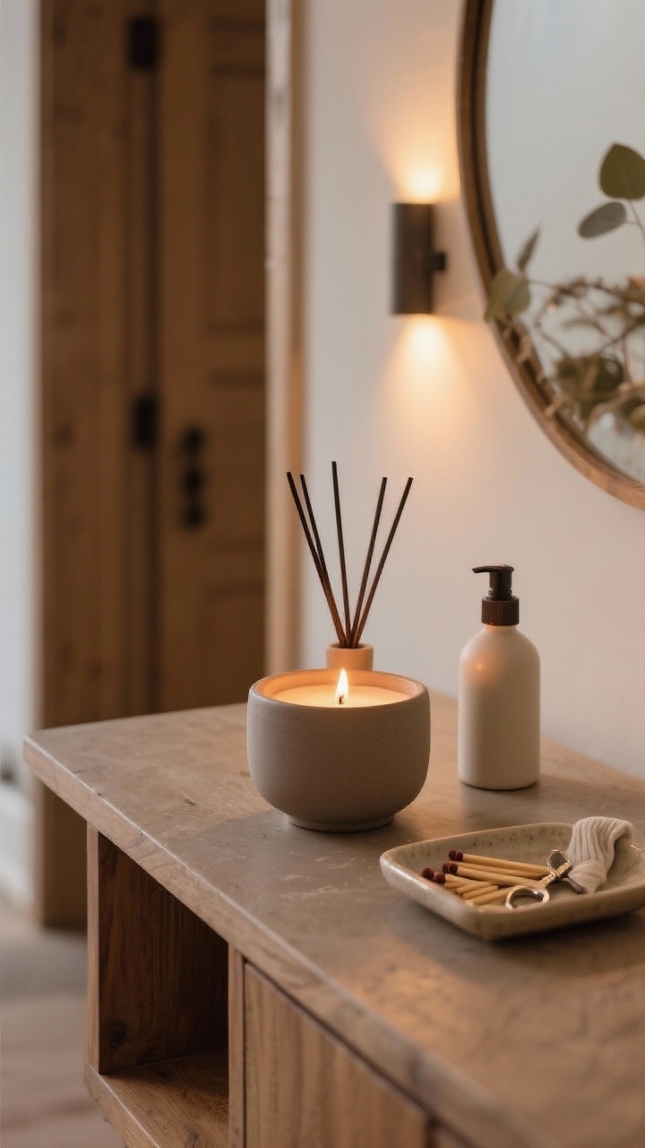 Closeup tabletop vignette styling scent like a designer: a single lit vanilla-sandalwood candle in a matte ceramic vessel, a discreet reed diffuser nearby (not in use), and a linen spray bottle; a small ceramic tray corralling matches and a wick trimmer by the entry; subtle evening lighting with warm glow on natural wood, conveying layered-but-not-overpowering fragrance strategy.