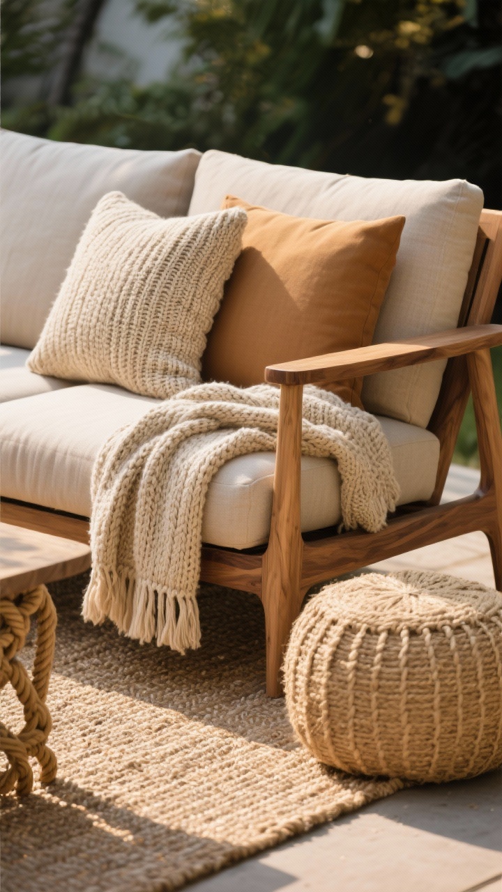 Closeup: Tactile comfort composition on an outdoor lounge chair—performance-fabric cushions in warm neutrals, a chunky knit throw, a woven jute pouf, and the armrest of a teak frame. A flat-woven outdoor rug beneath ties the scene together, with rope detail on a side table. Soft golden-hour light grazing the materials to emphasize textures—wood grain, fabric weave, and woven fibers.