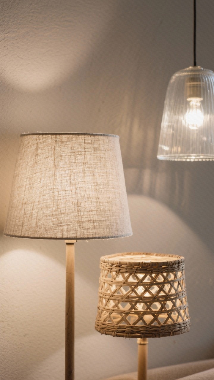 Closeup texture shot: A lampshade trio showcasing material differences—front focus on a linen shade emitting a gentle, flattering glow; to the side, a woven rattan shade projecting playful patterned light onto the wall; a frosted glass shade offering a soft, modern diffusion. Ensure the seated eye-level perspective hides bulbs within shades; emphasize fabric weave, rattan texture, and frosted finish.