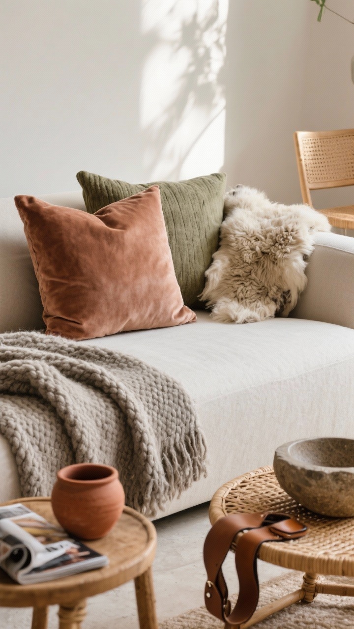 Closeup texture study: layered textiles on a sleek neutral sofa—chunky wool throw in mushroom gray, velvet pillows in muted clay and sage, a slub cotton pillow, and a sheepskin draped over a side chair; additional natural materials visible nearby: rattan side table, leather magazine sling, terracotta pot, and a stone bowl; soft, diffused afternoon light highlighting the tactile contrasts; shallow depth of field.