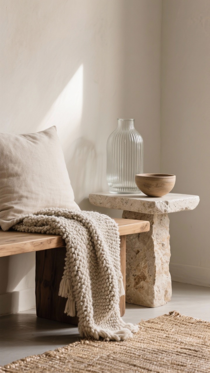Closeup texture study on a console corner: a boucle throw draped over the edge of a natural wood bench, linen cushion touching a honed stone side table; a grounded jute rug beneath and a ribbed glass vase next to a hand-thrown ceramic bowl; neutral palette, tactile focus with raking light emphasizing fibers and grain, photorealistic.